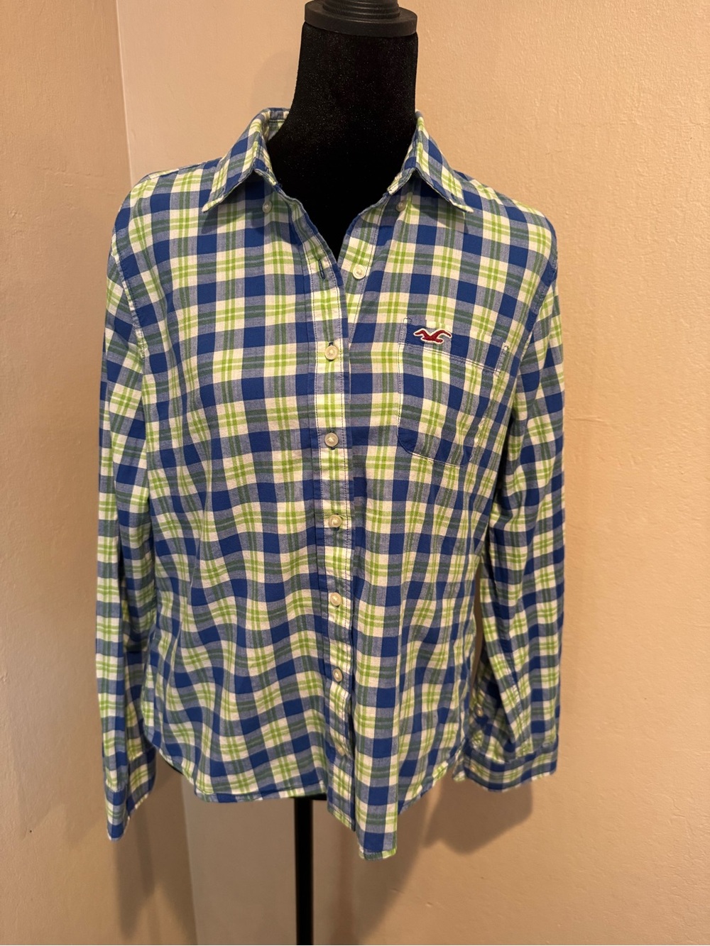 Hollister 100% Cotton Blue, Green & White Plaid Button-Down Long Sleeve Shirt